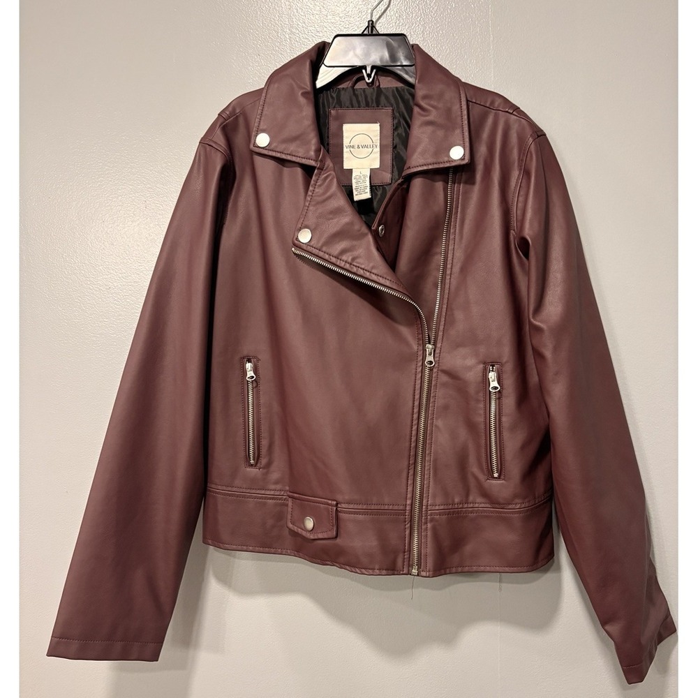 Vine & Valley Faux Leather Women's Size L Large Motorcycle Jacket Burgundy New